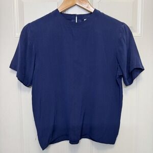 Oscar de la Renta Womens Silk Blouse S Navy Blue Keyhole Back Luxury Minimalist